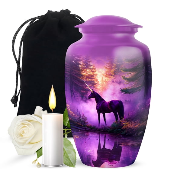 JAGASY Unicorn Cremation Urn for Daughter, Purple Large Urns for Human Ashes for Women, Sunset Forest Trees & River Decorative Urns for Children, Memorial Handmade Urn for Son, (10 Inch)