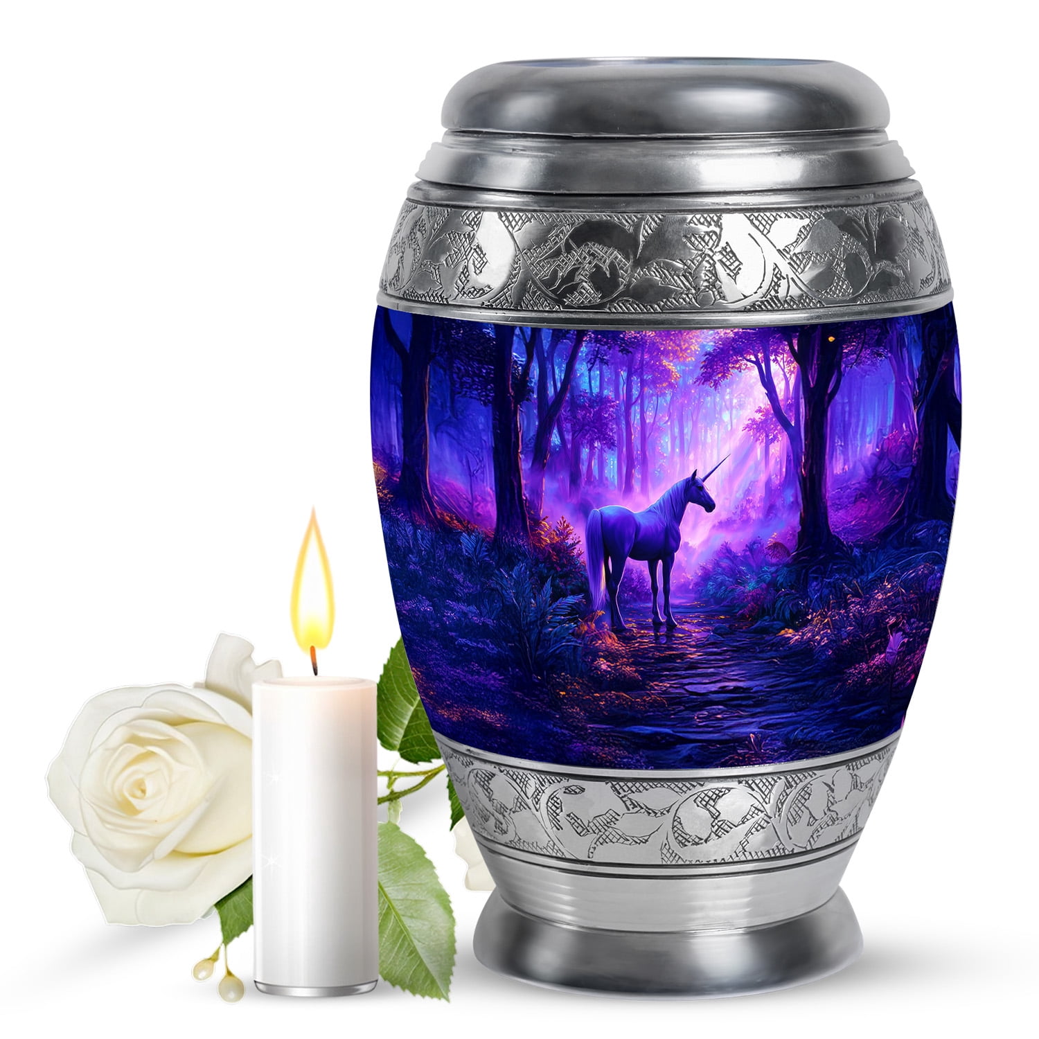 JAGASY Unicorn Handcrafted Large Urn for Girls, Blue Urns for Human Ashes for Women & Men, Sunset Forest Trees Decorative Urns for Friends, Funeral Memorial Cremation Urn for Boys, (10 Inch)