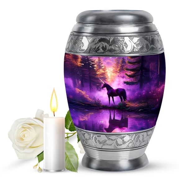 JAGASY Unicorn Memorial Large Cremation Urn for Son, Purple Urns for Human Ashes for Women, Sunset Forest Trees & River Decorative Urns for Children, Handmade Urn for Daughter, (10 Inch)
