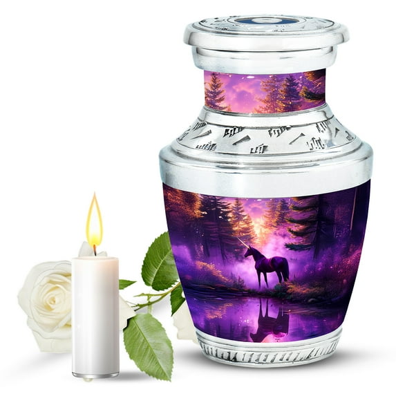 JAGASY Unicorn Memorial Small Urn for Daughter, Purple Urns for Human Ashes Keepsake, Sunset Forest Trees & River Decorative Urns for Children, Miniature Urn for Son, (3 Inch)