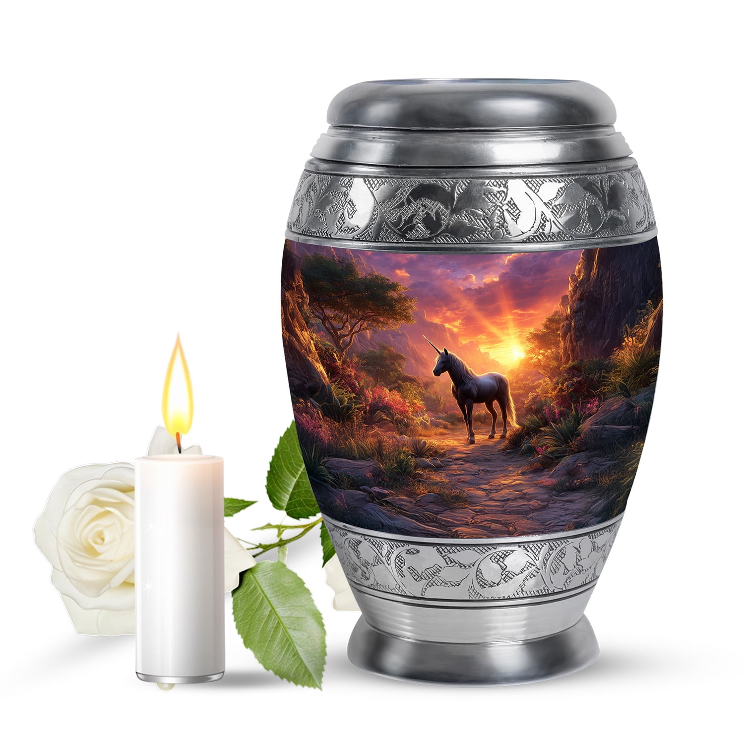 JAGASY Unicorn Mini Urn for Mother, Purple Keepsake Small Urns for Human Ashes, Sunset Forest Trees & Mountain Decorative Urns for Parents, Funeral Urn for Father, (3 Inch)