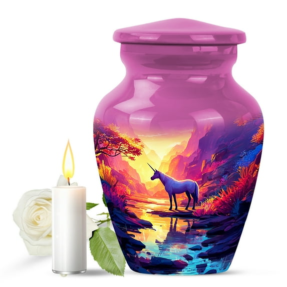 JAGASY Unicorn Miniature Urn for Sister, Pink Small Urns for Human Ashes Keepsake, Sunset Forest Trees & Mountain River Decorative Urns for Siblings, Cremation Urn for Brother, (3 Inch)