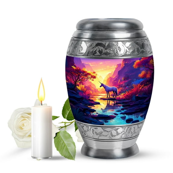 JAGASY Unicorn Small Cremation Urn for Sister, Pink Keepsake Urns for Human Ashes, Sunset Forest Trees & Mountain River Decorative Urns for Siblings, Miniature Urn for Brother, (3 Inch)