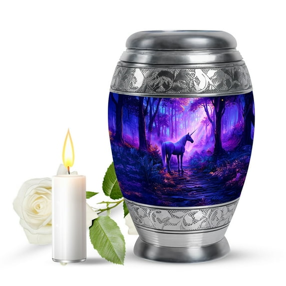 JAGASY Unicorn Small Memorial Cremation Urn for Girls, Blue Keepsake Urns for Human Ashes, Sunset Forest Trees Decorative Urns for Friends, Funeral Mini Urn for Boys, (3 Inch)