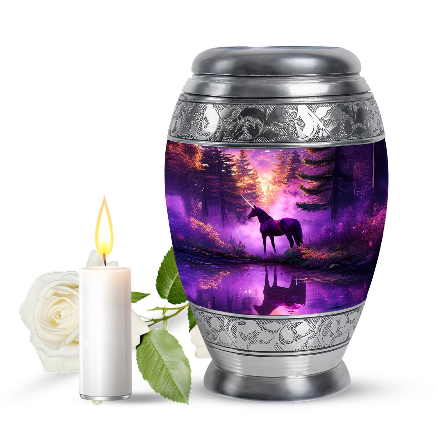 JAGASY Unicorn Small Urn for Daughter, Purple Tiny Keepsake Urns for Human Ashes, Sunset Forest Trees & River Decorative Urns for Children, Memorial Miniature Urn for Son, (3 Inch)