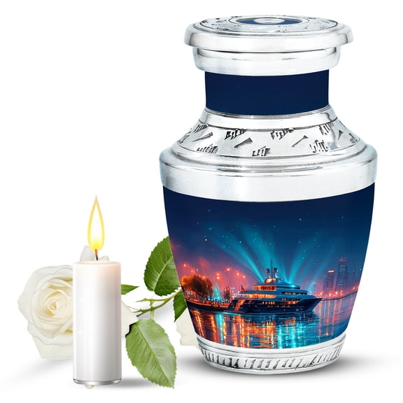 JAGASY Yacht Memorial Small Urn for Ashes Adult Male, Blue Urns for Ashes Keepsake, City Lights Decorative Urns for Husband, Sea Water Funeral Cremation Urn for Wife, (3 Inch)