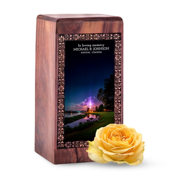 JAGLASH Cross Personalized Wooden Keepsake Urn for Ashes 5 Inch Blue, Cloud River Cremation Urns for Human Ashes Adult Male Female, Custom Memorial Urn for Mom