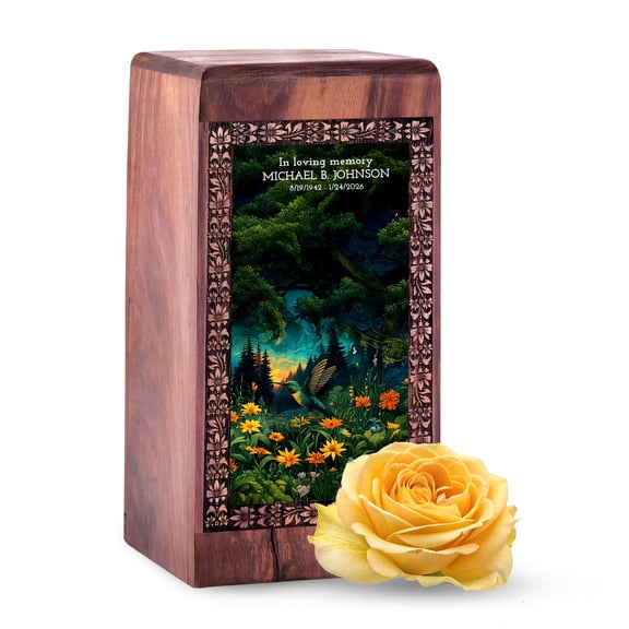 JAGLASH Hummingbird keepsake Urn for Human Ashes Male & Female 6 Inch - Yellow Flower Adult Urns for Human Ashes - Green Cremation Urns for Remains - Funeral Gift Urn for Adult Male