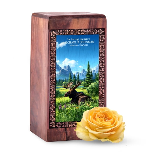 JAGLASH Moose Memorial Urn for Ashes for Men Burial, Decorative Mini Blue Urns for Adult Male & Female, Memorial Flowers Urns for Husband & Wife, Grass Field Urn for Funeral, 5 Inch