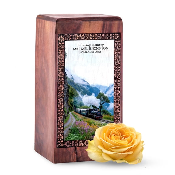 JAGLASH Train Cremation Urns for Male & Female, Funeral Keepsake Urn for Ashes, Pink Flowers Burial Cremains Ash Holder, 5 Inch Grey Women Urn, Beautiful Mountain Urns