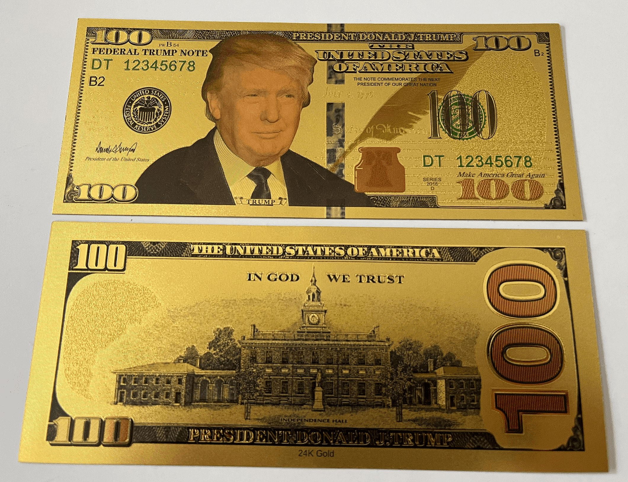 JAGOCY Plastic gold foil bill featuring Trump 25 uncirculated 100