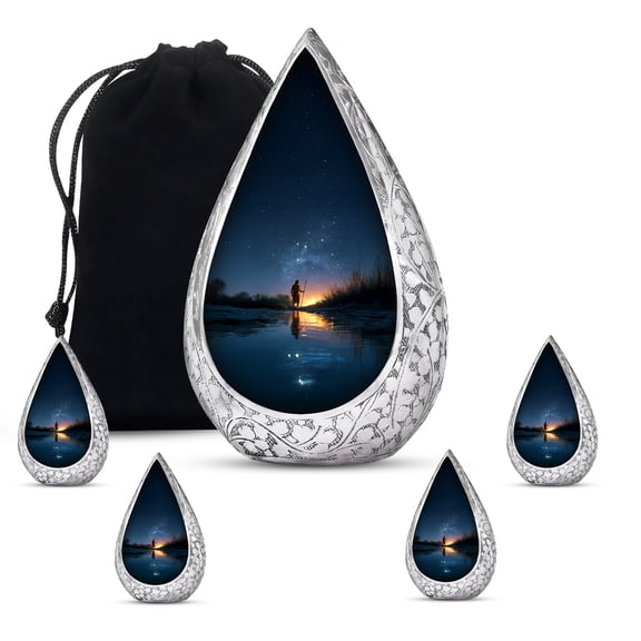 JAGSHASHI Blue Fishing Urn for Human Ashes Adult Set of 5 (10 Inch & 3 Inch) Large Fisherman Cremation Urn for Women & Men with Secure Lid, Handcrafted Teardrop Urns, Mini Keepsake with Upto 200lbs