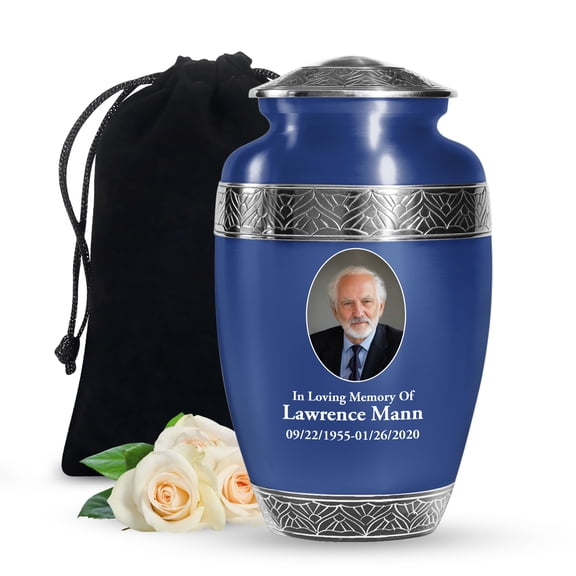 JAGSHASHI Blue Personalized Picture Cremation Urns for Human Ashes - Customized Urn - Custom Engraved Blue Photo Funeral Urn for Men and Women I Holds up to 220 Cubic Inches