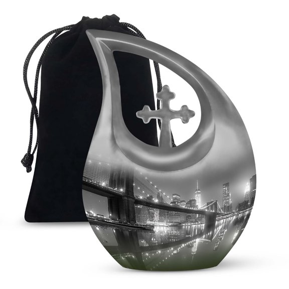 JAGSHASHI Brooklyn Bridge At Night Large Urn For Adult Ashes - Funeral Urns Women - Urns Cremation Ashes Female - Funeral Urns For Men - 10 Inch With Velvet Bag - Cremation Urn Adult Ash