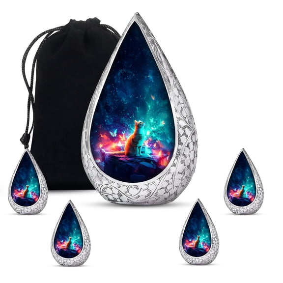 JAGSHASHI Cat Ocean Urn Combo Large Urns For Human Ashes Adult Man With 4 Mini Keepsake Urns - Memorial Cremation Set For Human Ashes Men Mother Father - Display 10 Inch With 3 Inch Set of 5