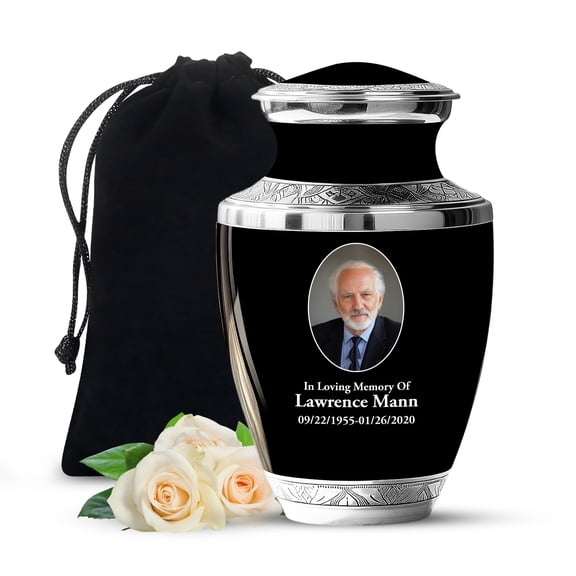 JAGSHASHI Custom Engraved Black Cremation Urn - Black Engraved Urns for Men - Large Handcrafted Funeral Urns with Personalization Text and Photo - Customized Urn for Human Ashes Women 10 Inch
