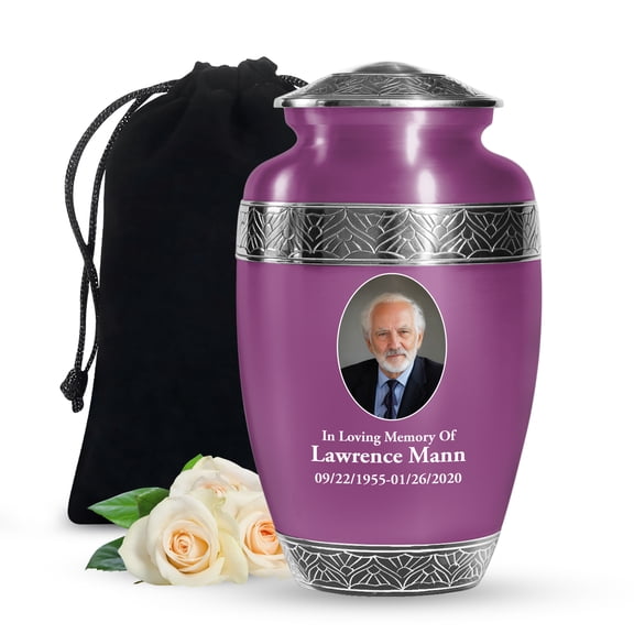 JAGSHASHI Custom Engraved Photo Urn with Rose Design  Large Personalized Cremation Urn for Human Ashes  Add Picture & Text  Decorative Memorial Urns with Violet, Velvet Bag, Box  10 Inch