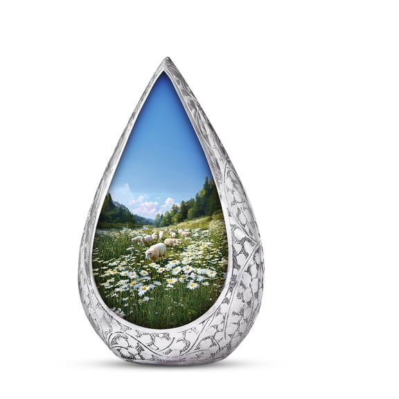 JAGSHASHI Daisy Cremation Urn for Ashes for Women & Men, Mini Urns for Human Ashes Adult Female & Male, Urns with Sheep Grazing Meadow, Decorative, White Daisy Flower, Blue Urn - Small 3 Inch