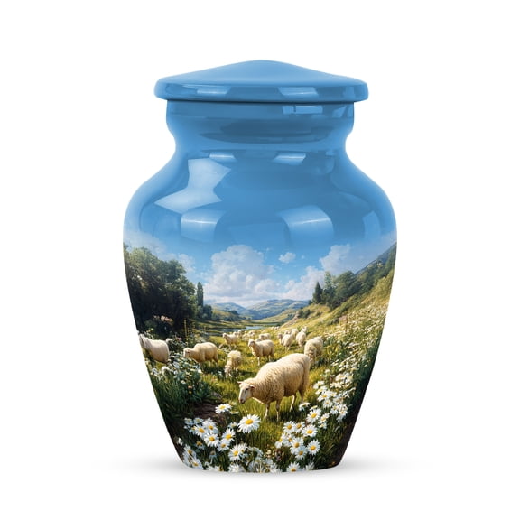 JAGSHASHI Daisy Urn for Ashes for Women - 3 Inch Daisy Cremation Urn for Human Ashes Adult, Male Dad - White Daisy Flower Urns Funeral Remains Ash Container- 3 Cubic Inches Decorative Blue Urns