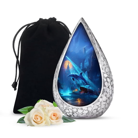 JAGSHASHI Dolphin Urn For Ashes For Women - 10 Inch - Ocean Blue Large Urns For Human Ashes Adult Female - Funeral Teardrop Urn for Mom, Dad, Men Child - Funeral Decorative Urn 200 Cubic Inches