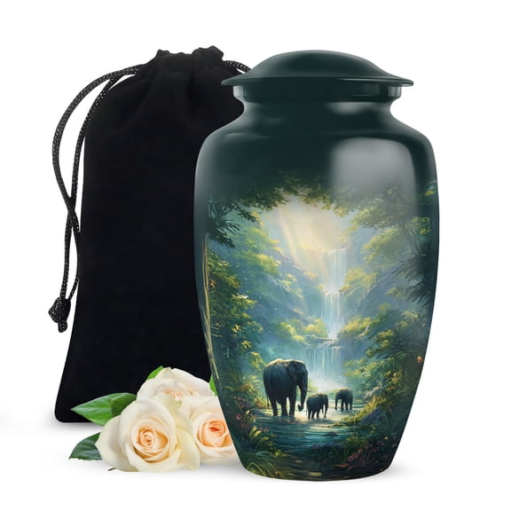 JAGSHASHI Elephant Urn, Large Memorial Urns for Human Ashes Adult Female and Male, Waterfall Decorative Burial Green Urn, Funeral Cremation Urns for Women and Men Elephant (10 Inch, 200 Cubic Inches)
