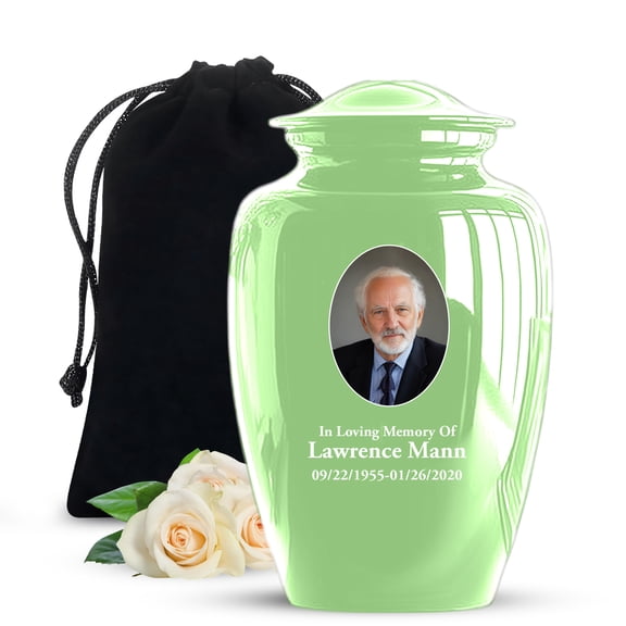 JAGSHASHI Engraved Custom Photo Cremation Urn for Human Ashes - Large Funeral Remembrance Urn for Ashes for Women - 200 Cubic Inch Capacity - Personalization Included (Green 10 Inch)