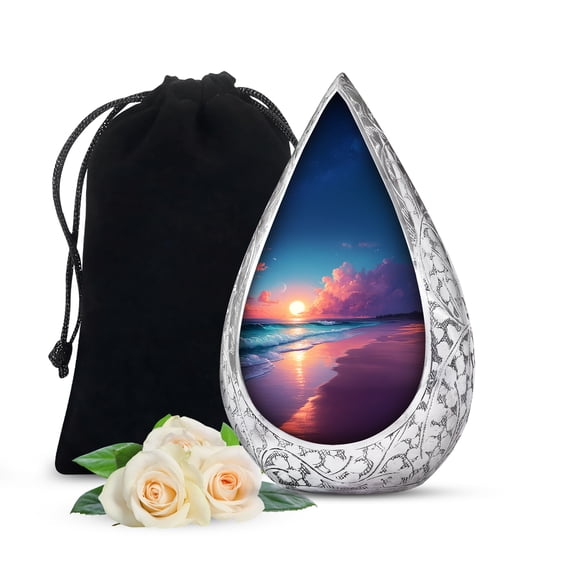 JAGSHASHI Ocean Beach Cremation Urns For Human Ashes - 200 Cubic Inches Blue Urn - Large Handcrafted Funeral Teardrop Urns For Human Ashes Adult Man - Decorative Sunset Urn for Women and Men 10 Inch