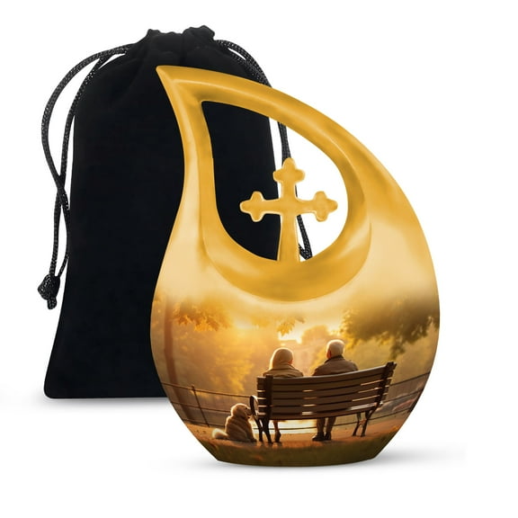JAGSHASHI Old Couple Sitting On A Bench Adult Urns For Women - Cremation Urn For Humans - Human Urns For Ashes Adult Female - Decorative Burial Urns For Ashes For Women - 10 Inch With Velvet Bag