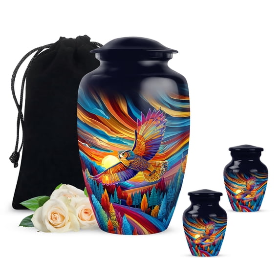 JAGSHASHI Owl Urn For Ashes - Sunset Mini Keepsake Urns For Human Ashes – Combo of 3 with 1 Large 10 Inch Urn for Mom & Man and 4 Mini Urns for Dad – Memorial Funeral Set for Adult Male & Female