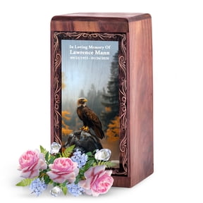 JAGSHASHI Personalized Eagle Urn - Wooden Memorial Urn for Human Ashes Adult - Cremation Keepsake Box Customization Name Text Photo Funeral Tribute Decorative Burial Display Engraving Urns 5 Inch
