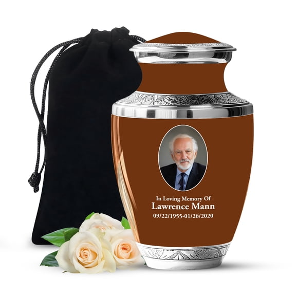 JAGSHASHI Personalized Engraved Urn - Brown Custom Engraving Included - Custom Urns for Human Ashes With Picture - Funeral Urn With Picture and Name Personalization - Customized Urns Women 10 Inch