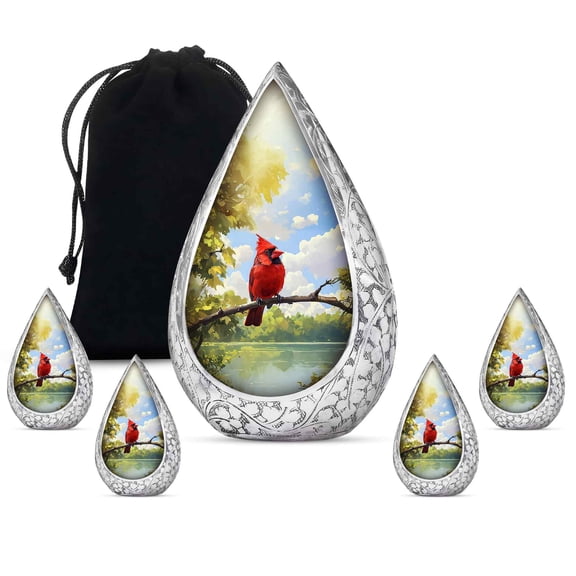 JAGSHASHI Red Cardinal Urn - Blue Cremation Urns for Human Ashes - Combo of 5 with 10 Inch Adult Burial Urn for Men & Women and 3 Inch Keepsake Cardinal Bird Urns for Mom, Mini Keepsake for Dad