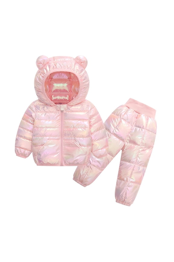 2 Piece Kids Snowsuit Ski Suit Boys Girls Metallic Hooded Puffer Jacket Lightweight Packable Quilted Down Coat+Pants