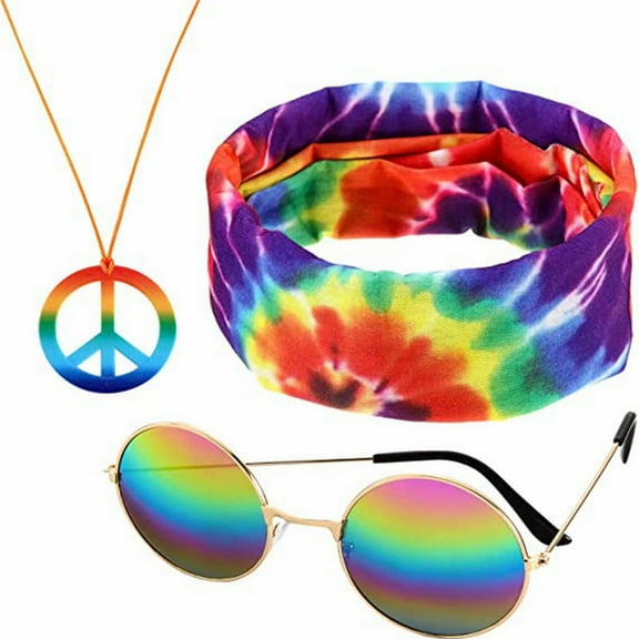 JAHH 3 Pc Hippie Accessories Set Includes 70s Rainbow Peace Sign Necklace Flower Headband and Hippie Sunglasses 60s Dressing Accessory for Women Men