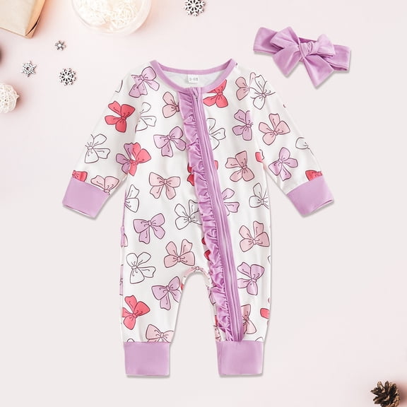 JAHH Baby Girl Valentine’s Day Outfit Heart Ru𝖿fle Long Sleeve Zipper Footie 𝖱omper 𝖱omper Jumpsuit Bodysuit for Baby