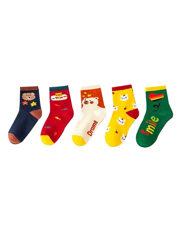 Children's Crew Thin Lightweight Casual Socks 5PC Baby Midtube Baby Floor Sock Spring Summer Autumn Cartoon Animal Socks for Boys Girls Cute Cartoon Soft Comfort Breathable