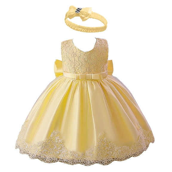 JAHH Children's Dress Baby Girl Dresses Ruffle Lace Pageant Party Wedding Flower Girls Dress Lace Color Matching Baby One Year Old Dress Bow Princess Evening Dress with Headwear(18-24 Months,Yellow)