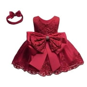 JAHH Children's Dress Baby Girl Dresses Ruffle Lace Pageant Party Wedding Flower Girls Dress Lace Color Matching Baby One Year Old Dress Bow Princess Evening Dress with Headwear(6-12 Months,G)