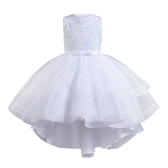 JAHH Children's Girls Sequins Puffy Yarn Trailing Princess Gowns Dresses Piano Performance for Kids Wedding Bridesmaid Pageant Party Formal Long Gown Princess Tulle Dresses(9-10 Years,White)