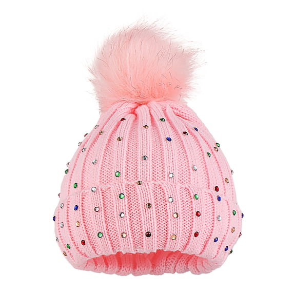 JAHH Childrens Winter Hats Baby Knitting Wool Hemming Hat Keep Warm Winter Hiarball Rhinestone Cap for Children Fashion Casual Solid Baseball Hats(One Size,Pink)