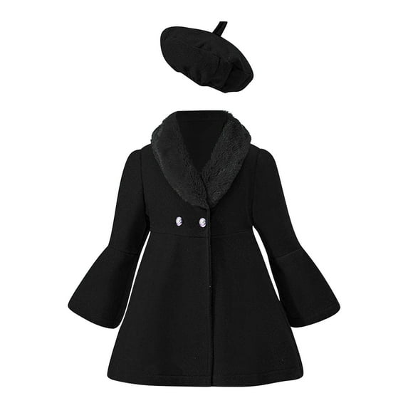JAHH Christmas Toddler Girl Solid Color P-atchwork Wool Collar Coat Hat Set Kids Trench Coat Long Sleeve Furry Collar Warm Peacoat with Beret Hat Set for Casual Wear(5-6 Years,Black)