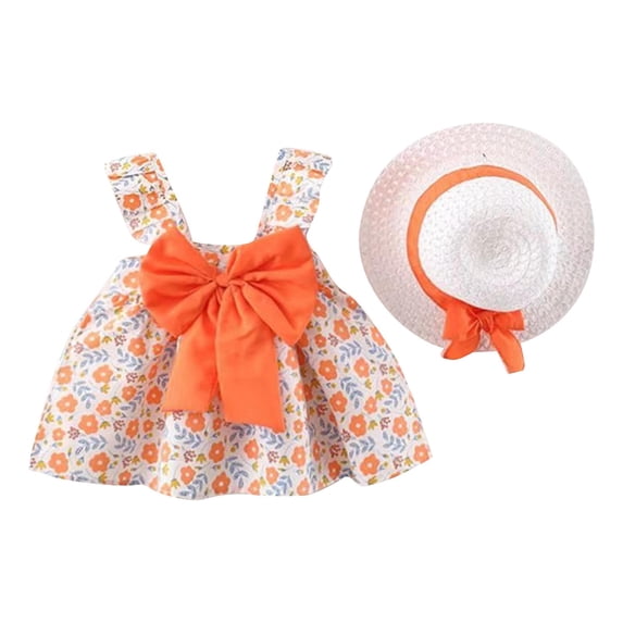 XXWXYD Toddler Girls Sleeveless Princess Dress Floral Back Bow Swing Summer Party Hat Matching Set Elegant Photoshoot Occasion Wear