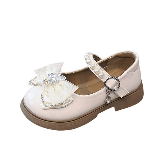 JAHH Girl Ballet Flats Party School Shoes Wedding Spring and Autumn Little Girls Fashion Bow Shoes Children's Soft Sole Small and Medium Children's Leather Shoes(8-9 Years,White)