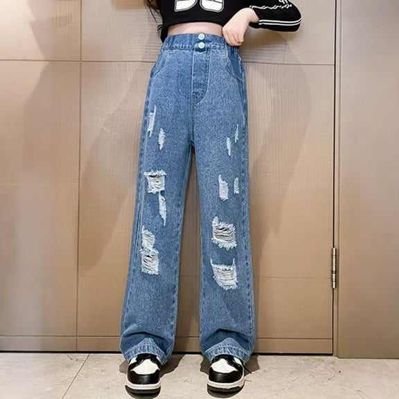 JAHH Girls Baggy Ripped Jeans Elastic High Waist Aesthetic Denim Pants 𝖸𝟤𝖪 Vintag𝖾 Pockets School Wide Leg Bottom Pants Casual Streetwear Trendy Prep𝗉y Trousers Bottoms