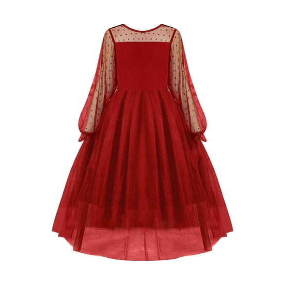 JAHH Girls Dresses Contrast Mesh Long Sleeve High Low Birthday Formal Dress Spring Summer Dresses for Children 2025(11-12 Years,Red)