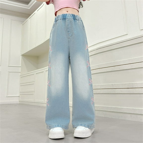 JAHH Girls High Waisted Cargo Jeans Straight Wide Leg Loose Stretch Denim Pants 𝖸𝟤𝖪 Casual Streetwear Trendy Trousers for Teen 5-16 Years