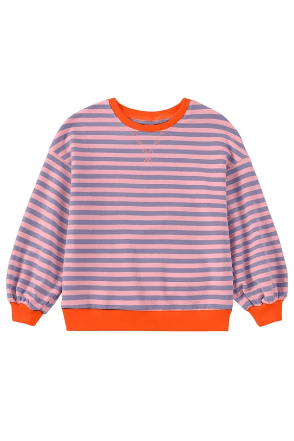 Girls Kids Loose Pullover Sweatshirts, Long Sleeve Crew Neck Tops, Striped Autumn Winter Clothes, Cozy Warm Fleece-Lined, Fall Layering