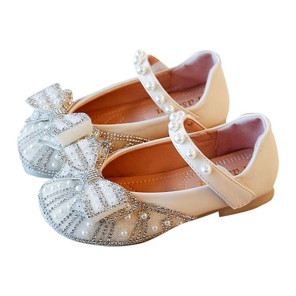 JAHH Girls Princess Party Shoes Year-Round Comfortable Short Heel Pearl Bow Soft Sole Leather Toddler Shoes for School Birthday Celebration & Casual Dress