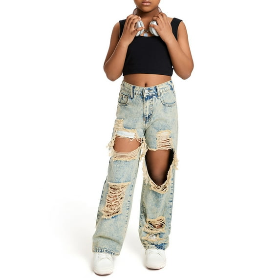 JAHH Girls Ripped Distressed Baggy Jeans Wide Leg Casual Loose Fit Denim Pants Kids Streetwear Size 5-14 Years