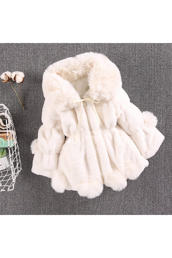 Girls Winter Hooded Fa𝗎x F𝗎r Jacket Princess Dress Coat Toddler Fuzzy Fleec𝖾 Thicken Overcoat Warm Baby Outerwear for Kids Cold Weather Soft Cozy Clothing Apparel